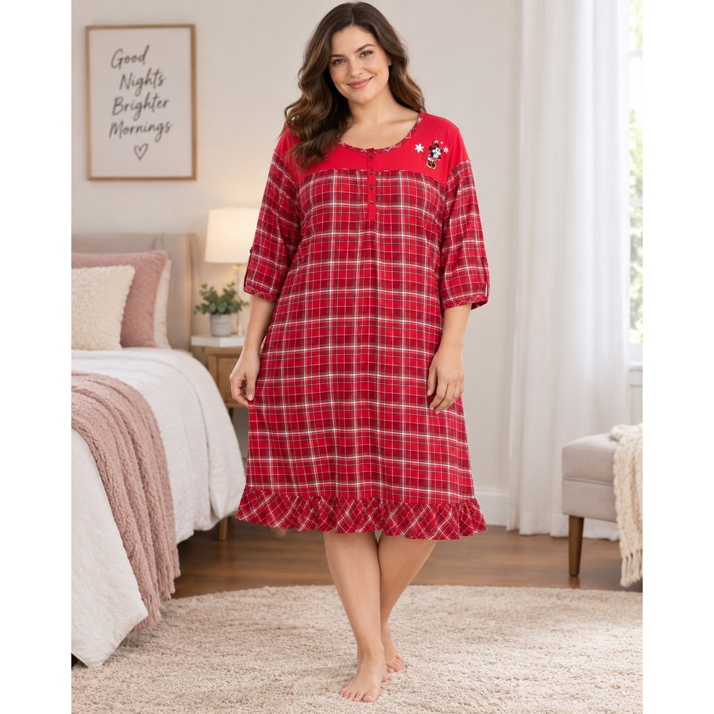 Disney Store Plaid Nightgown Womens 2XL Red Minnie Mouse Flannel Sleepwear